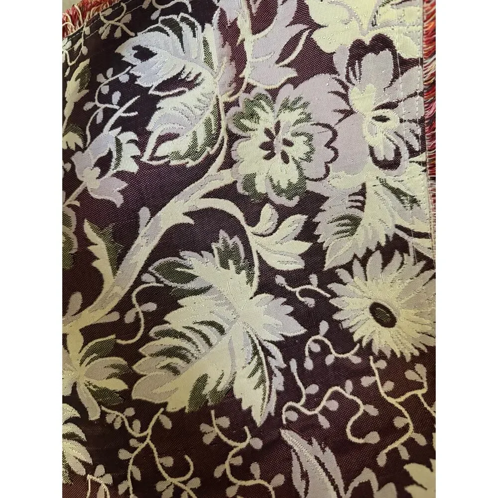 Vintage MCM Damask Fringed Tablecloth Floral Reversible Satin silk Registado AVA